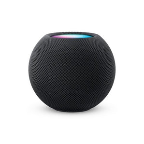Black coloured Apple HomePod Mini with a white background